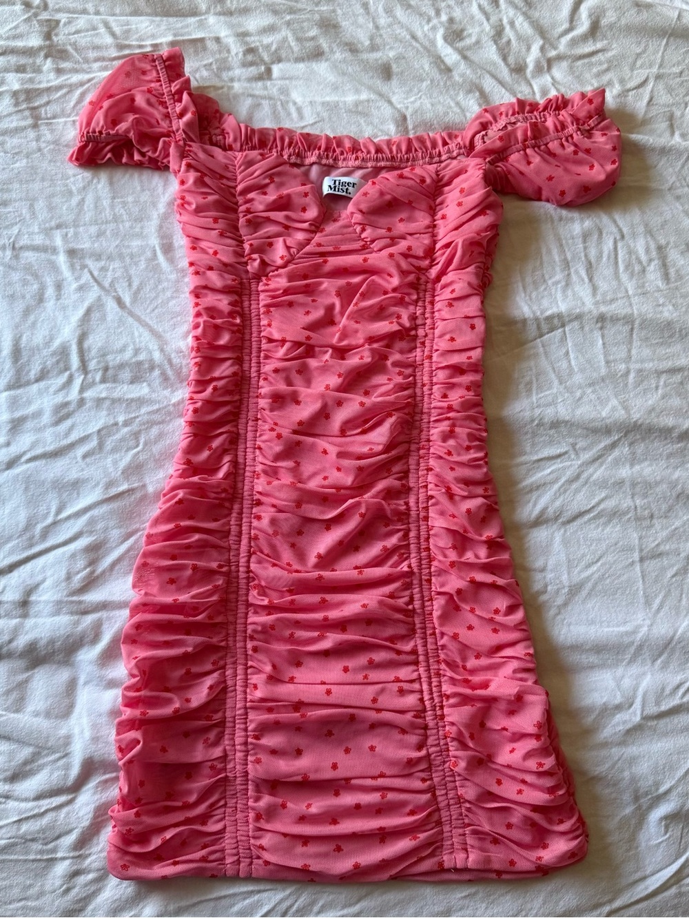 Tiger Mist Kids Coral Pink Ruched Off-Shoulder Dress